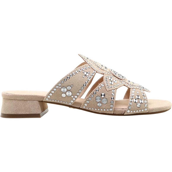 Cecelia New York Martini Micro Stud Sandal Bone Beige Suede Mule Block Heel 10 - Picture 2 of 9